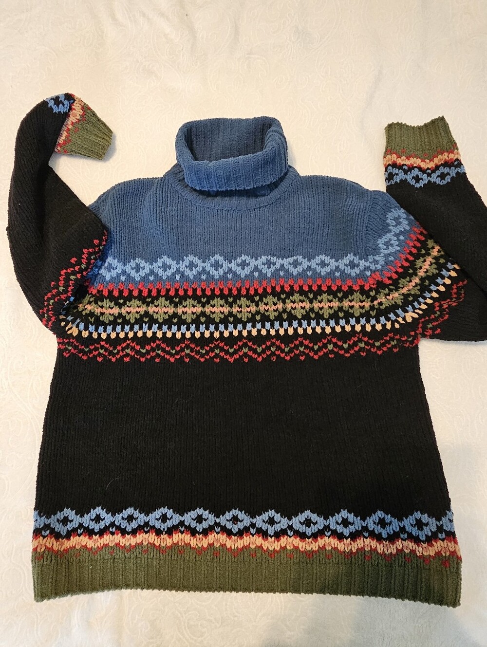 Orvis Womens Large Fair Isle Turtleneck Sweater Chenille Knit Black Blue Olive